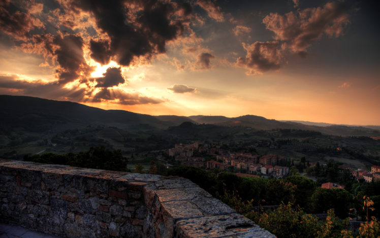 toscana, Italy, Tuscany, Sunset, Town, Sky, Clouds, Fence, Buildings HD Wallpaper Desktop Background