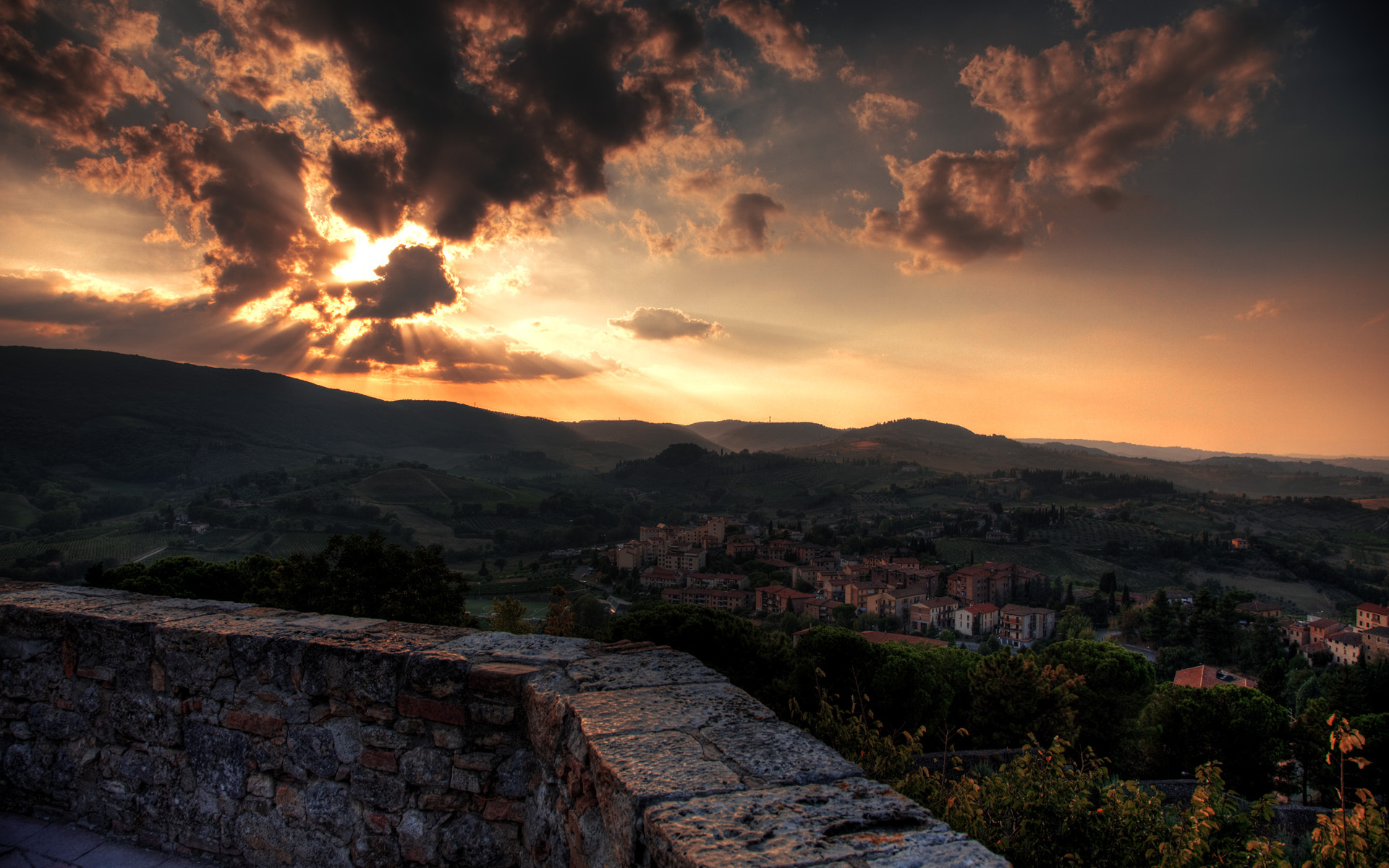 toscana, Italy, Tuscany, Sunset, Town, Sky, Clouds, Fence, Buildings