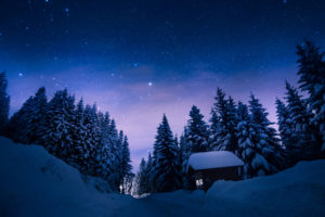 trees, Snow, Winter, Night, Stars, Cabin, Path, Trail, Trees, Sky