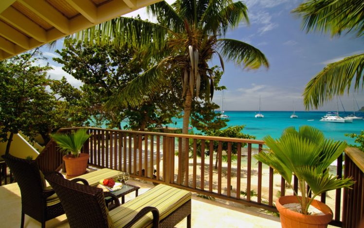 sea, Beach, Terrace, Balcony, View, Horizon, Rest, Relax, Ocean, Boats, Trees HD Wallpaper Desktop Background