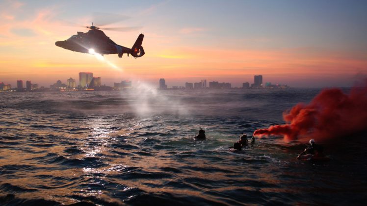 water, Sea, Coast, Guard, Helicopter, Military, Cities, People, Sunset HD Wallpaper Desktop Background