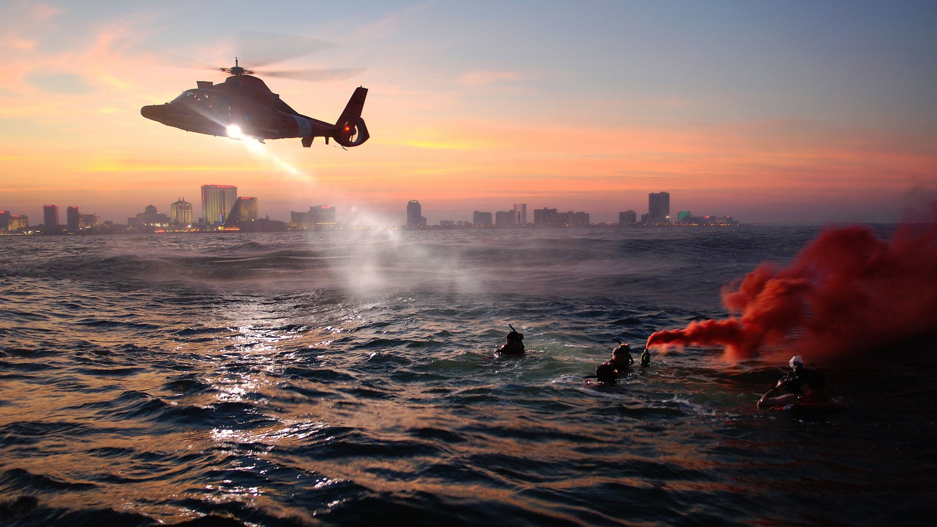 water, Sea, Coast, Guard, Helicopter, Military, Cities, People, Sunset Wallpaper