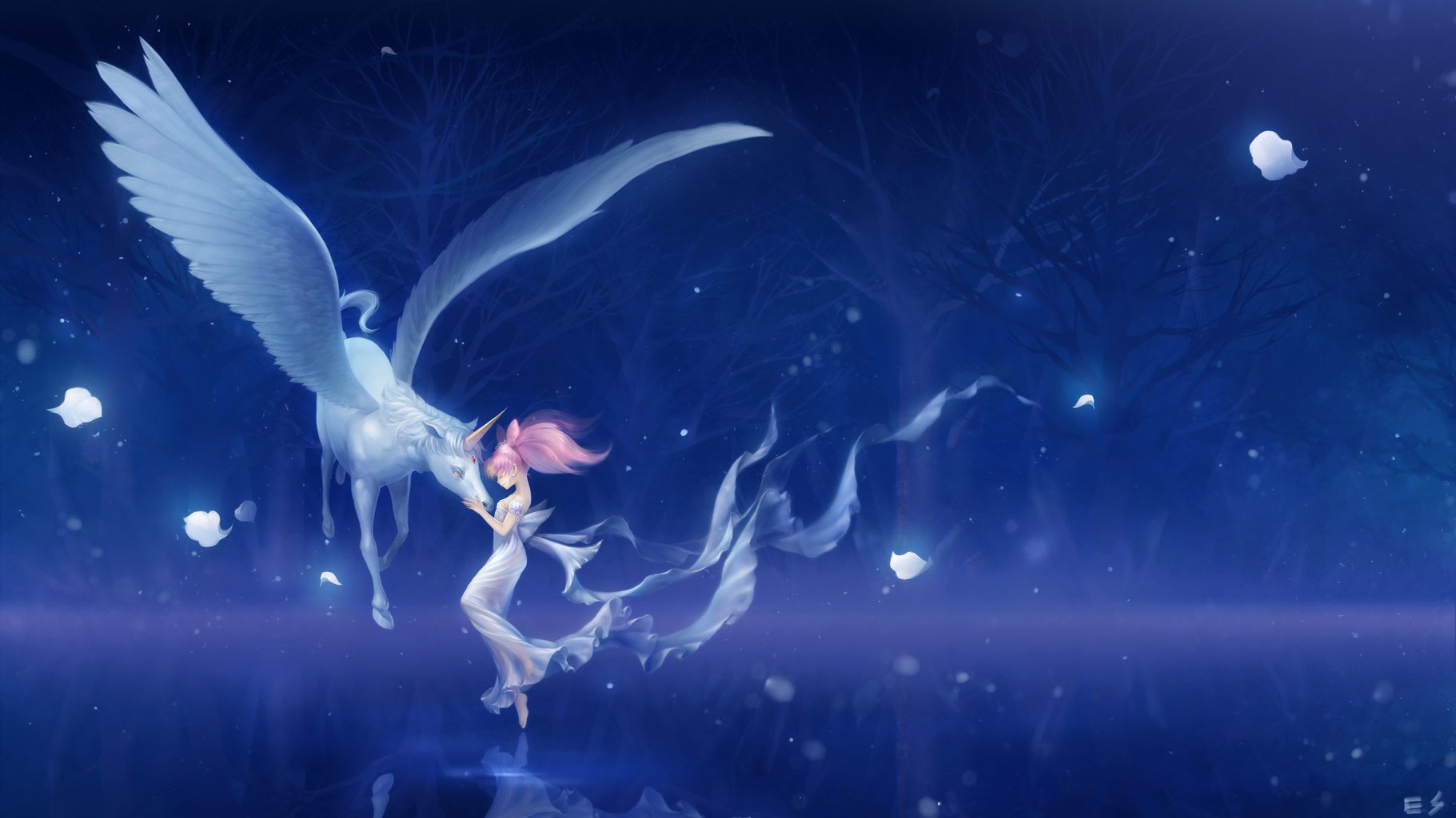 light, Forest, Pegasus, Helios, Chibiusa, Sailor, Moon, Petals, Night, Lake, Love Wallpaper