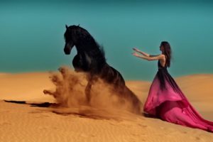 black, Horse,  , Deset, Woman, Dress, Sand