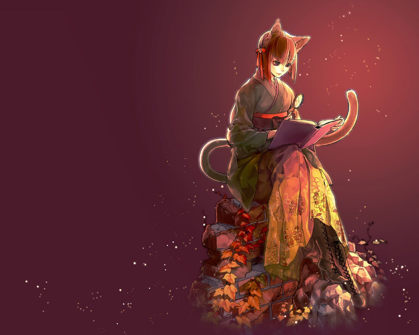 flower, Cat, Girl, Book, Anime, Pink, Kimono Wallpaper