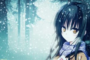 anime, Blue, Girl, Sad, Snow, Long hair, Tree forest
