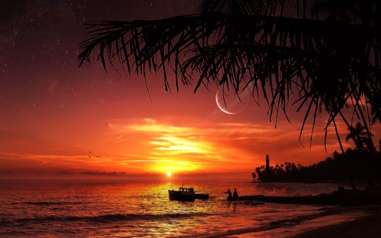 dream, Sunset, Ocean, Sea, Sky, Clouds, Planets, Sci fi, Lighthouse, Boats, People HD Wallpaper Desktop Background