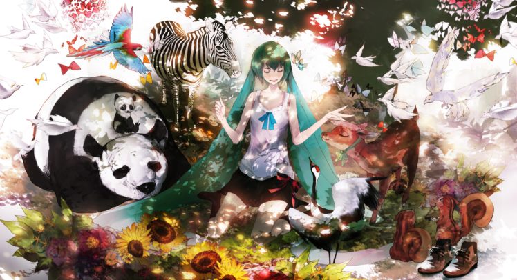 vocaloid, Panda, Birds, Sun, Flower, Animal, Girl HD Wallpaper Desktop Background
