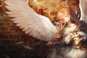 angels, Girl, Wing, Feathers, Curly, Long, Hair, Anime