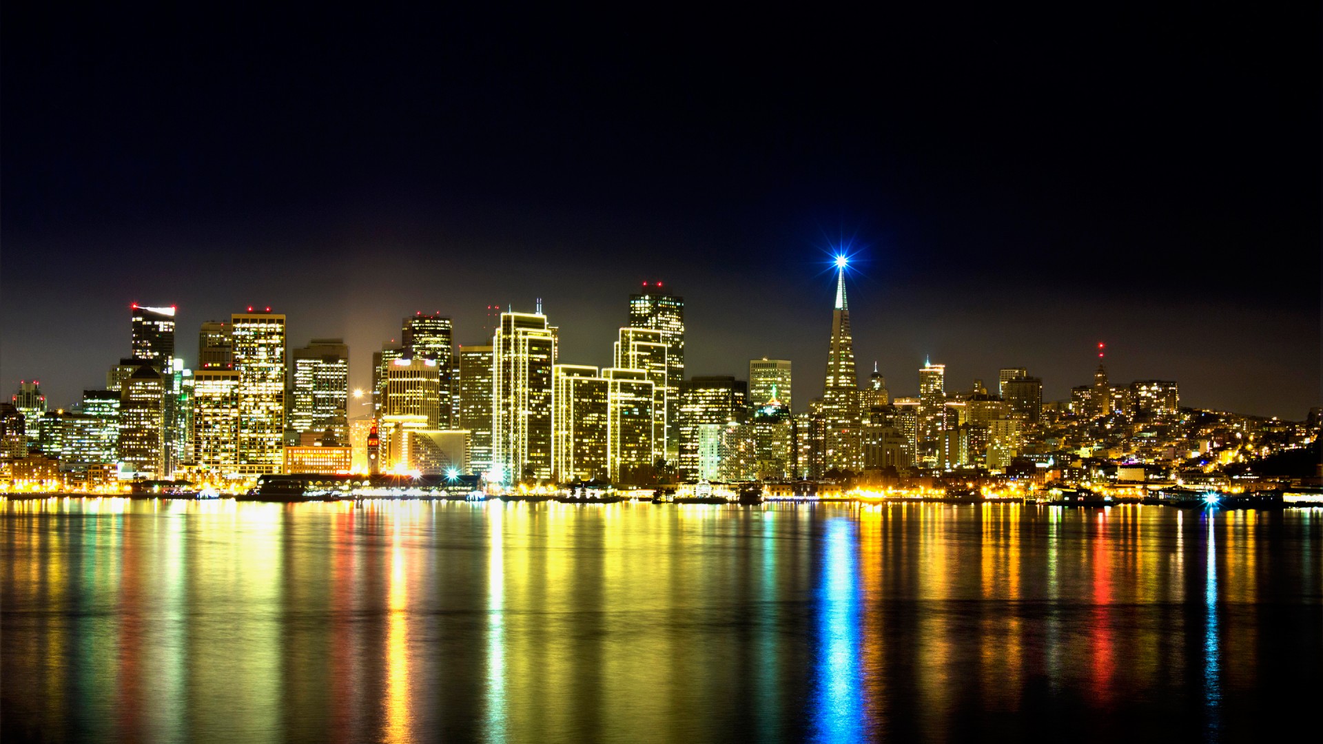 san, Francisco, Builddings, Skyscrapers, Bay, Water, Reflection, Night, Lights Wallpaper