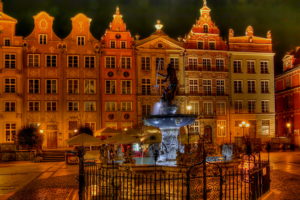 poland, Houses, Fountains, Gdansk, Night, Cities, Buildings, Fountains