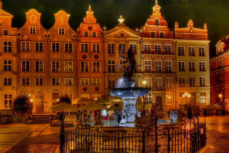 poland, Houses, Fountains, Gdansk, Night, Cities, Buildings, Fountains HD Wallpaper Desktop Background