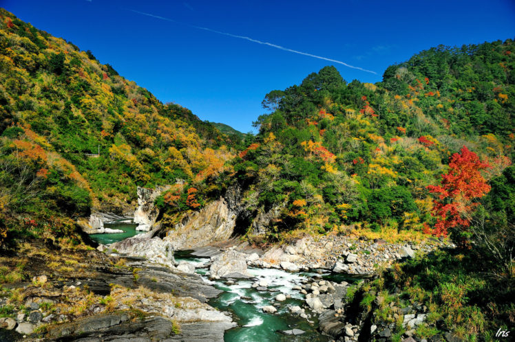 rocks, Mountains, Trees, River, Landscape, Autumn HD Wallpaper Desktop Background