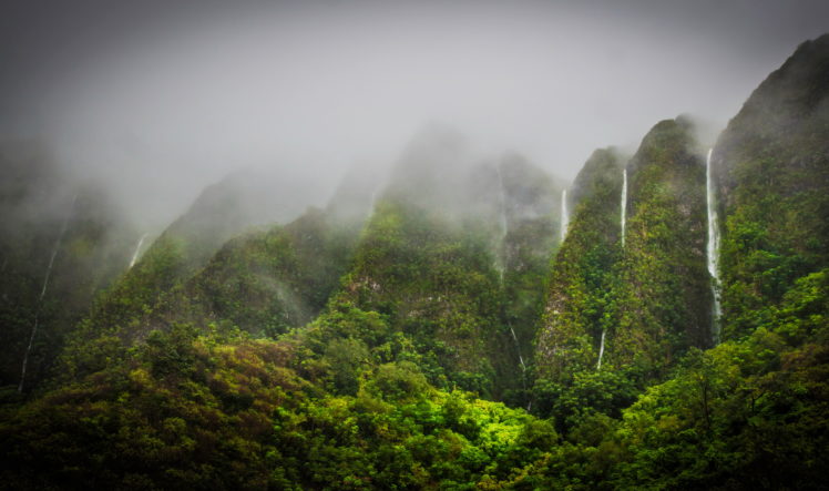 waterfalls, Tropics, Mountains, Jungle, Highlands, Oahu, Hawaii HD Wallpaper Desktop Background
