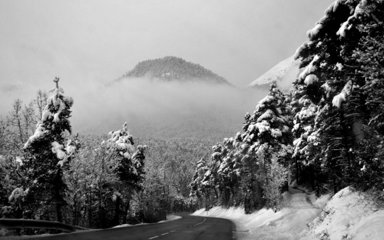 winter, Season, Grayscale, Roads, Mountains, Trees, Forest, Black, White HD Wallpaper Desktop Background
