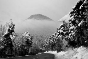 winter, Season, Grayscale, Roads, Mountains, Trees, Forest, Black, White