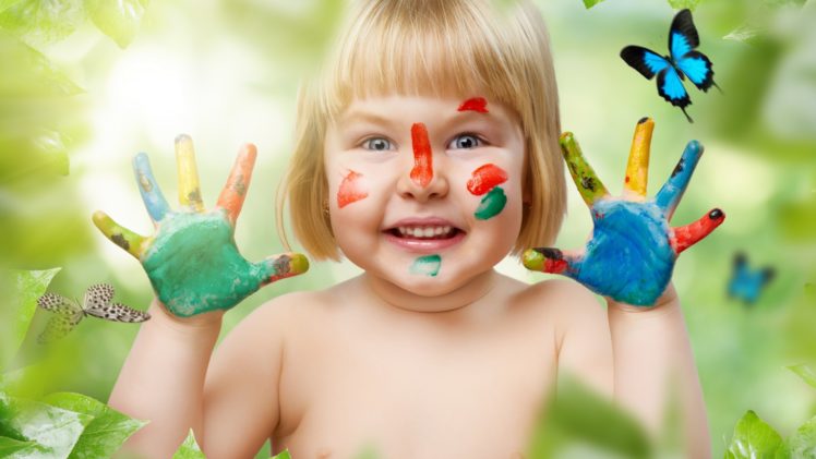 girl, Paint, Brush, Strokes, Butterfly, Smile, Children, Babies HD Wallpaper Desktop Background