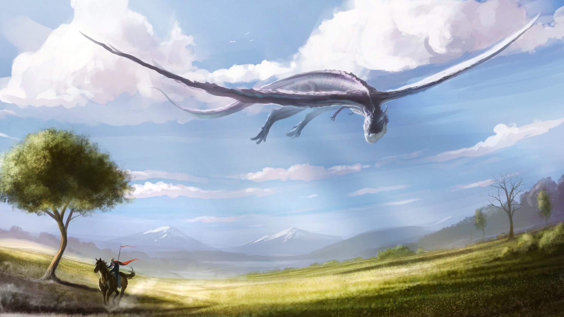 art, Dragon, Rider, Horse, Clouds Wallpaper