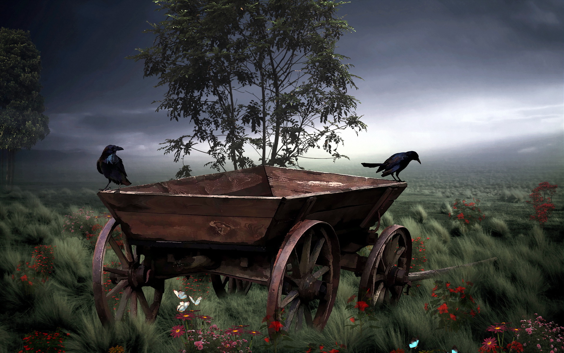art, Painting, Vehicles, Wagon, Rustic, Landscapes, Flowers, Sky, Trees, Birds, Crow, Raven, Mood Wallpaper