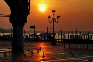 italy, Venice, Piazza, San, Marco, Sunset, Sky, Birds, Lights, Lamp, Post