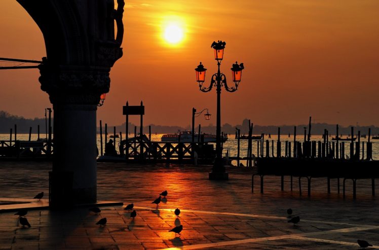 italy, Venice, Piazza, San, Marco, Sunset, Sky, Birds, Lights, Lamp, Post HD Wallpaper Desktop Background