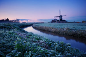 netherlands, Winter, Morning, Sunrise, Trees, Field, Frost, Mill, Blue, Lilac, Sky, Water, Rivers