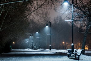 park, Winter, Snow, Bench, Lights, Lamp, Post, Night, Path, Trail