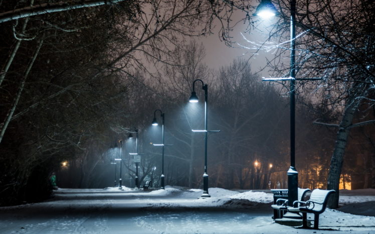 park, Winter, Snow, Bench, Lights, Lamp, Post, Night, Path, Trail HD Wallpaper Desktop Background