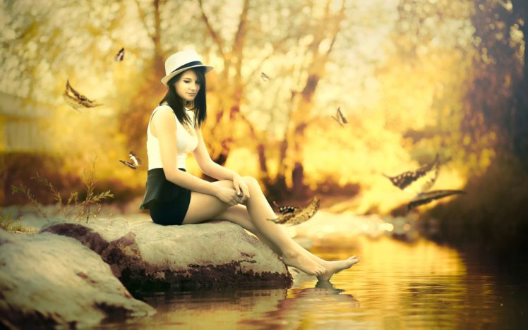 autumn, Fall, Girl, Hat, Stream, Stone HD Wallpaper Desktop Background