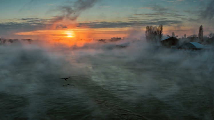river, Fog, Sun, Morning, Sunrise, Sunset, Birds, Lakes HD Wallpaper Desktop Background