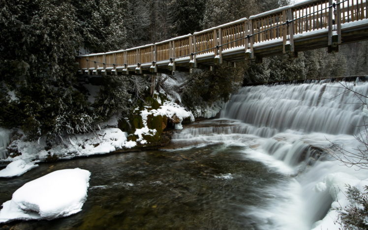 river, Bridge, Winter, Landscape, Waterfall HD Wallpaper Desktop Background