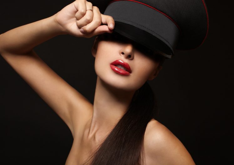 girl, Model, Red, Lips, Lipstick, Face, Hand, Hair, Shoulders, Black, Background HD Wallpaper Desktop Background
