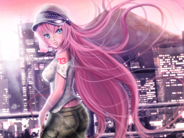 vocaloid, Megurine, Luka, Girl, Hat, Tattoo, View, City, Lights HD Wallpaper Desktop Background