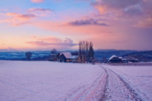 winter, Snow, Village, Dawn, Landscapes, Buildings, Houses, Sky, Sunrise, Sunset
