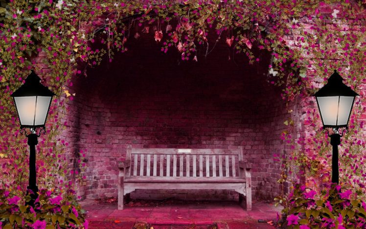 spring, Garden, Flowers, Arch, Bench, Lights, Pink, Lamps, Brick HD Wallpaper Desktop Background
