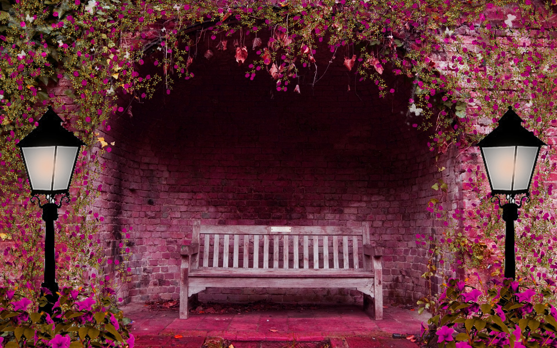 spring, Garden, Flowers, Arch, Bench, Lights, Pink, Lamps, Brick Wallpaper