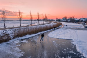 sunset, Ice, Home, Winter, Road, Buildings, Houses, People, Sports, Sky, Rivers