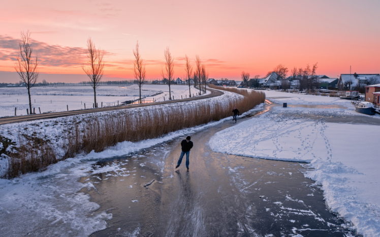 sunset, Ice, Home, Winter, Road, Buildings, Houses, People, Sports, Sky, Rivers HD Wallpaper Desktop Background