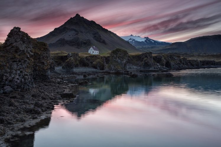 iceland, Village, House, Mountain, Lake, Reflection, Evening, Sky, Sunset HD Wallpaper Desktop Background