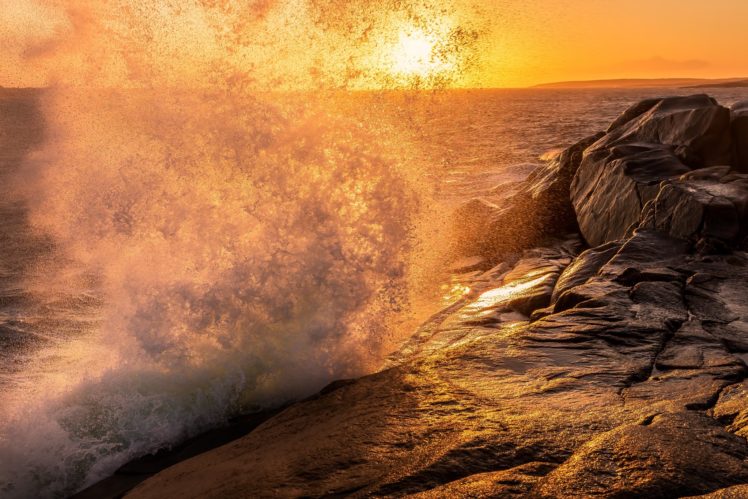 sea, Sunset, Rocks, Splash, Landscape, Waves HD Wallpaper Desktop Background