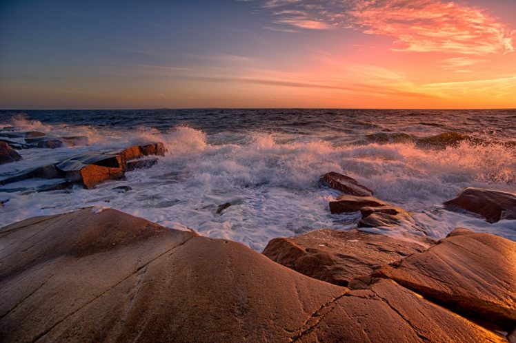 sunset, Sea, Rocks, Waves, Landscape HD Wallpaper Desktop Background