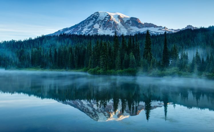 washington, Usa, Mount, Ranier, Volcano, Lake, Reflection HD Wallpaper Desktop Background