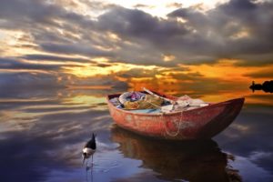 boat, Reflection, Lake, Sunset, Clouds, Bird
