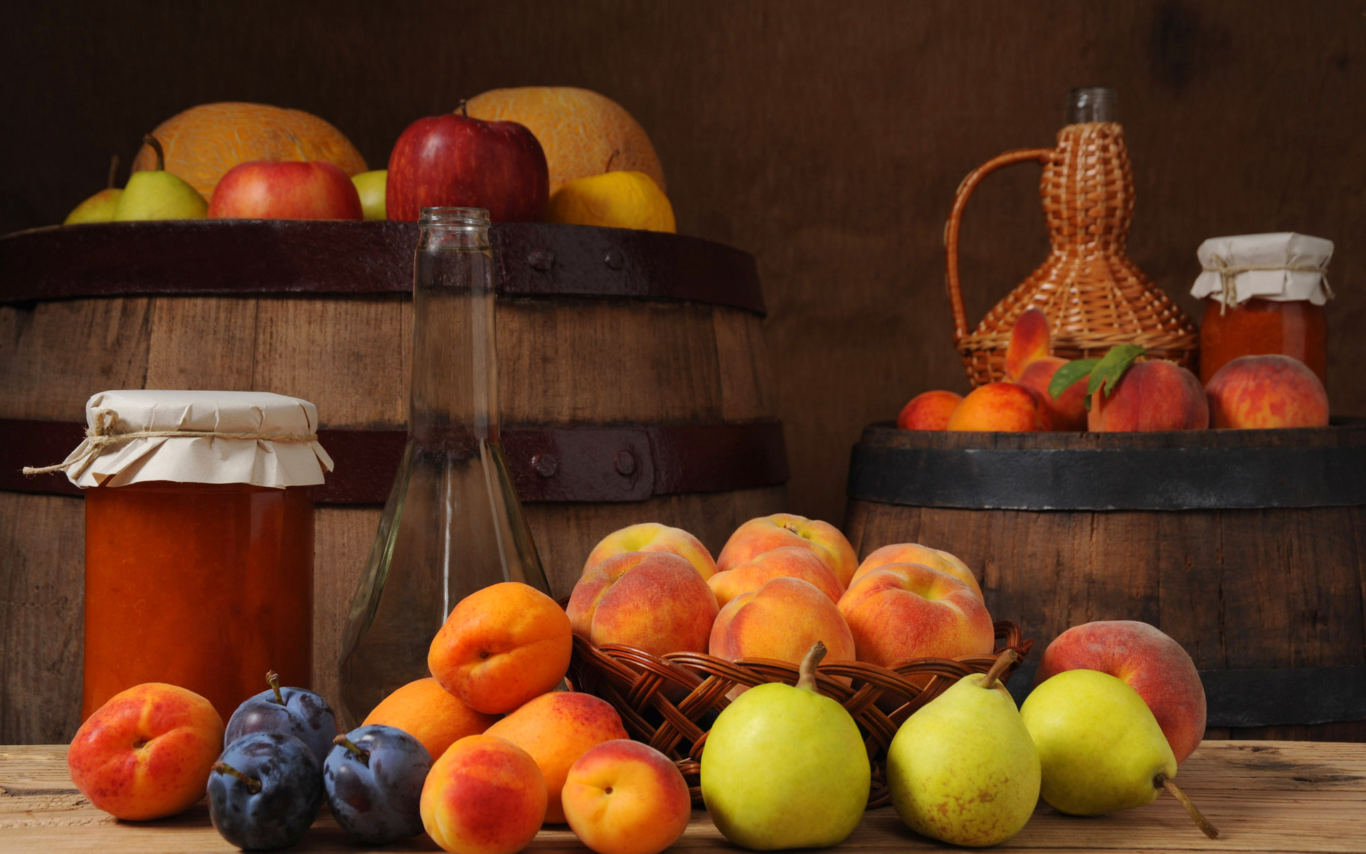 fruit, Peaches, Pears, Barrels, Plum, Jam, Apples, Still, Life Wallpaper