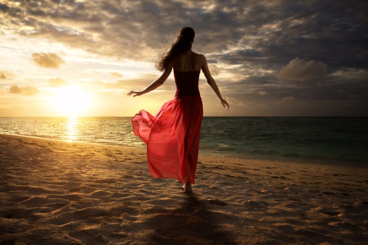 red, Ocean, Nature, Summer, Sea, Lady, Woman, Sunset, Dress HD Wallpaper Desktop Background