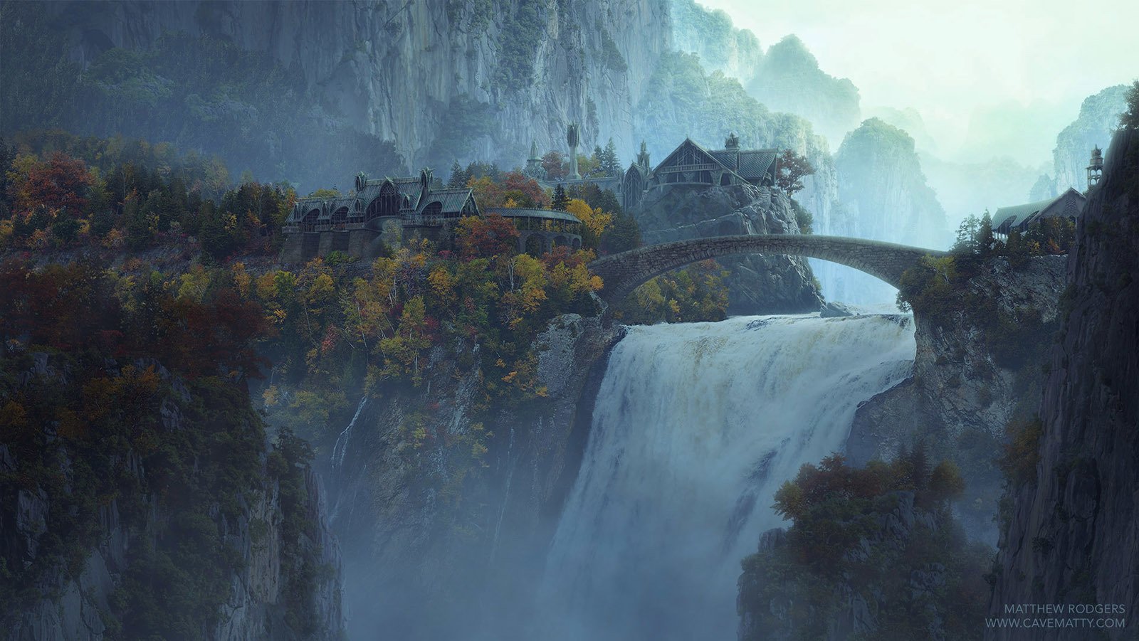 landscape, Forest, Tree, Waterfall, Bridge, Fantastic Wallpaper