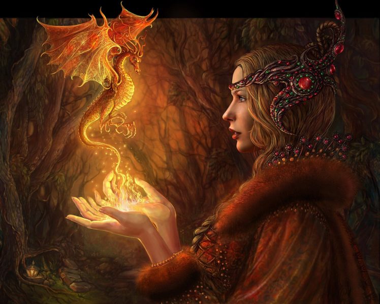 dragon, Witch, Flower, Fire, Red, Tree, Forest, Woman HD Wallpaper Desktop Background