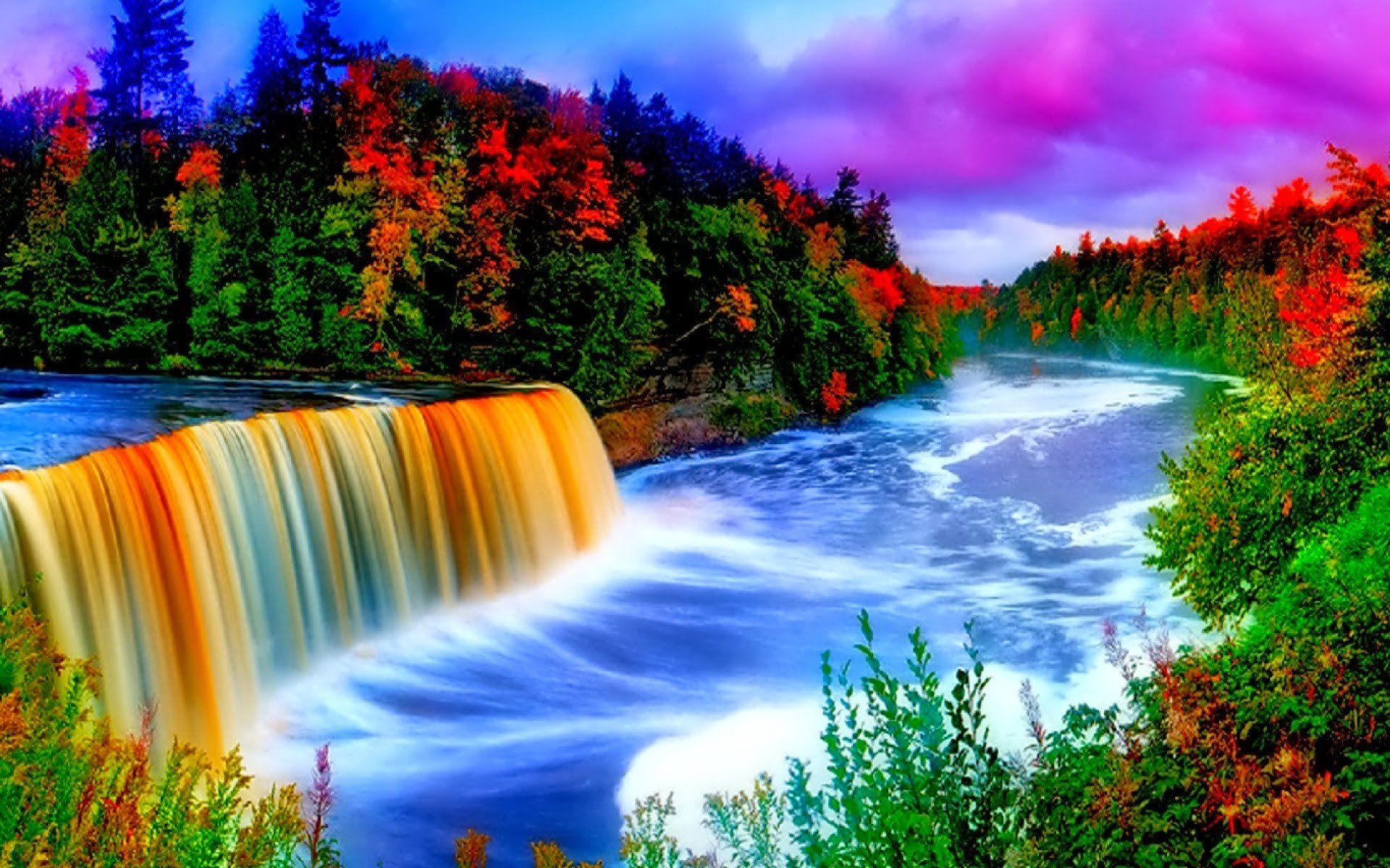sky, Trees, River, Autumn, Clouds Wallpaper