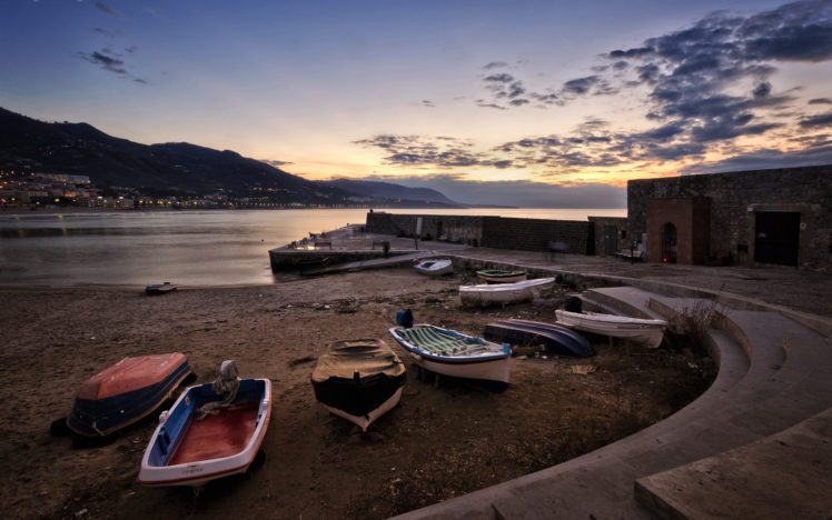 boats, Shore, Ocean, Beaches, Sunset, Sky HD Wallpaper Desktop Background