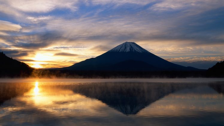 mountain, Sunset, Sunlight, Reflection, Lake, Volcano HD Wallpaper Desktop Background